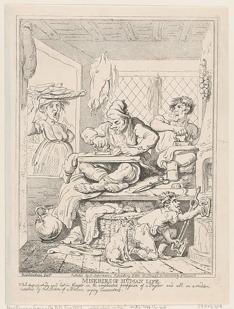 Miseries of Human Life: While Deep in Study and Lost in Thought in the Complicated Profession of a Taylor and All on a Sudden Disturbed by the Shrieks of a Woman Crying Cucumbers, by Nicolaus Heideloff