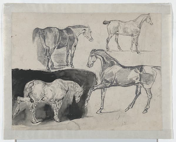 Four Studies of Horses (recto); Four Studies of Galloping Horses and Riders (verso), by Eugène Delacroix