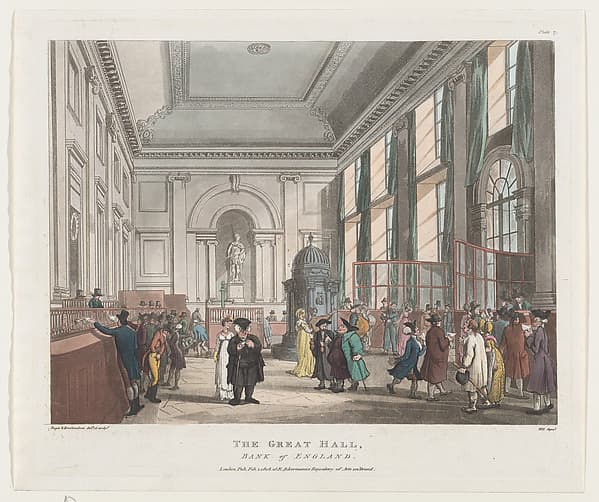 The Great Hall, Bank of England, by Thomas Rowlandson