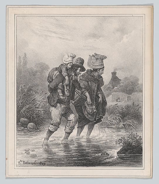 Man, Woman and Child Crossing a Stream, by Hippolyte Bellangé