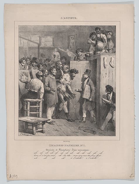 Responsibilities of an Atelier: Number 1: The Arrival and Reception of a Newcomer, by Hippolyte Bellangé