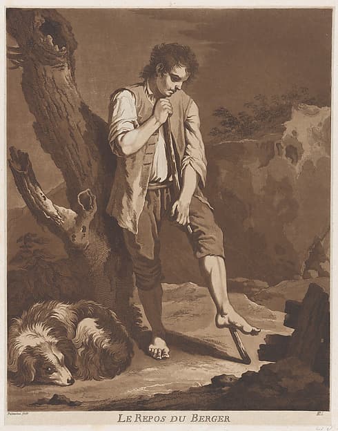 The Shepherds Rest; a young man resting on a stick while his dog lies at his feet, by Pietro Jacopo Palmieri