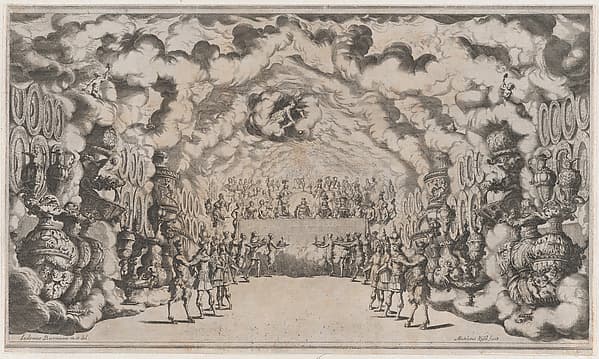 Kingdom of Jove with the banquet of the gods; set design from 'Il Pomo D'Oro', by Mathäus Küsel