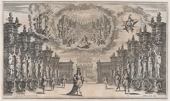 Courtyard of a palace with a man standing at center surrounded by attendants; above, a vision of a woman in a similar scene; set design from 'Il Pomo D'Oro', by Mathäus Küsel