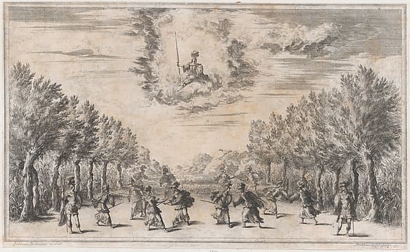 Marsh of Triton; figures battling as Minerva looks on from above; set design from 'Il Pomo D'Oro', by Mathäus Küsel