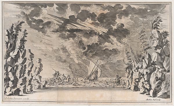 A shore framed by rocks, with Neptune in his chariot on the left and Salacia in hers on the right; at center, a ship caught in a storm; set design from 'Il Pomo D'Oro', by Mathäus Küsel