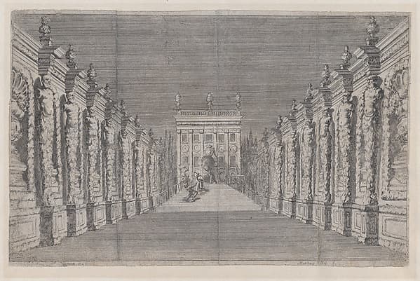 Theatrical scene with four figures on a staircase in the distance, two of which are engaged in a brawl, by Mathäus Küsel