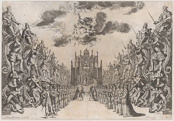 Magnificent Hall of Astrea; men and women gathered in the street to view a procession through a triumphal arch and down the stairs into the city; the procession is led by a female wearing a crown, she is followed by various figures in varying costume; set design from 'La Monarchia Latina Trionfante', by Mathäus Küsel