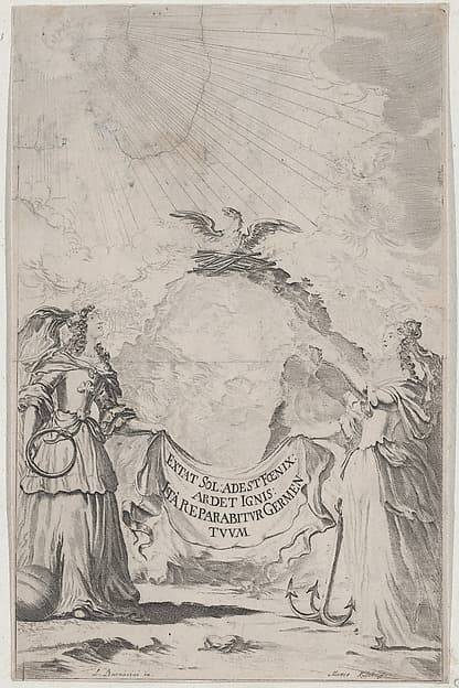 Two women holding a banner at center as a phoenix rises above; set design from 'Il Fuoco Eterno', by Mathäus Küsel