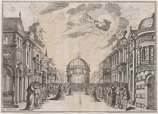 A large gathering of people in the street as a goddess races across the sky in a chariot led by four horses; set design from 'Il Fuoco Eterno', by Mathäus Küsel