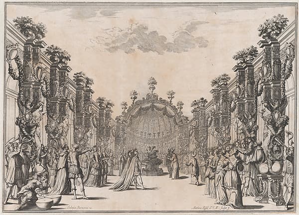 A large group gathered in a courtyard before a domed structure; musicians play at left; set design from 'Il Fuoco Eterno', by Mathäus Küsel