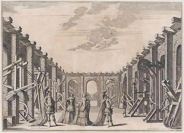 Two men in classical armor and two women looking at the mechanical devices on either side of an open courtyard; set design from 'Il Fuoco Eterno', by Mathäus Küsel