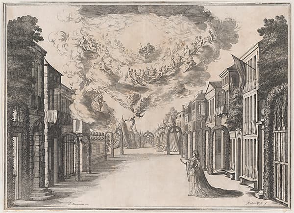 A woman standing on an empty street, gazing up at the Olympian gods in the sky; set design from 'Il Fuoco Eterno', by Mathäus Küsel