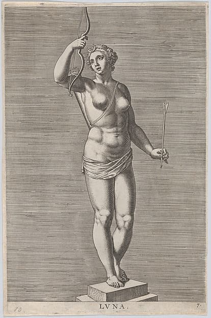 Plate 7: Diana; statue of the nude goddess standing on a socle, wearing a crescent moon in her hair and holding a bow and arrow; from "Statues of Roman Gods", by Philips Galle