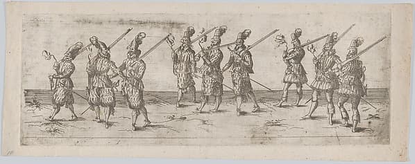 Procession, with three groups of three men, each holding a gun, by Anonymous, German, 16th century