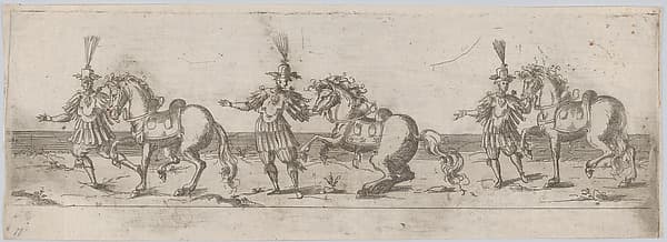 Procession, with three men leading three horses, by Anonymous, German, 16th century