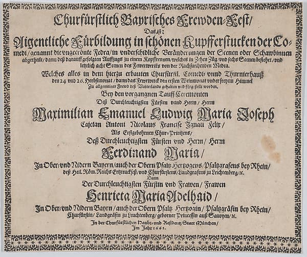 Text to accompany plate illustrating the fireworks display celebrating the birth of Prince Max Emmanuel of Bavaria, Munich, 1662, by Mathäus Küsel