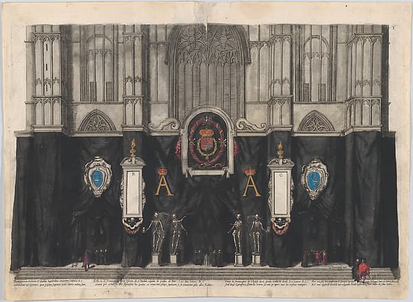 Plate 1: Figures gathered before a curtained wall, decorated with three armorials with the coat of arms and symbols celebrating Archduke Albert, four skeletons on pedestals at center, gothic facade in background; from 'Pompa Funebris ... Alberti Pii', by Cornelis Galle I