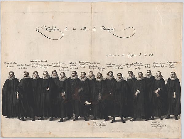 Plate 64: The magistrates of the city of Brussels marching in the funeral procession of Archduke Albert of Austria; from 'Pompa Funebris ... Alberti Pii', by Cornelis Galle I
