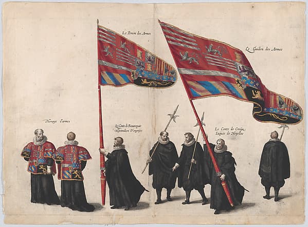Plate 48: Men bearing arms and heraldic flags marching in the funeral procession of Archduke Albert of Austria; from 'Pompa Funebris ... Alberti Pii', by Cornelis Galle I