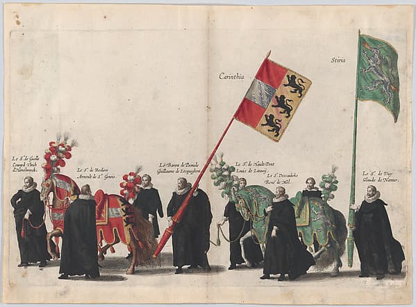 Plate 44: Men with heraldic flags and horses from Carinthia and Styria marching in the funeral procession of Archduke Albert of Austria; from 'Pompa Funebris ... Alberti Pii', by Cornelis Galle I