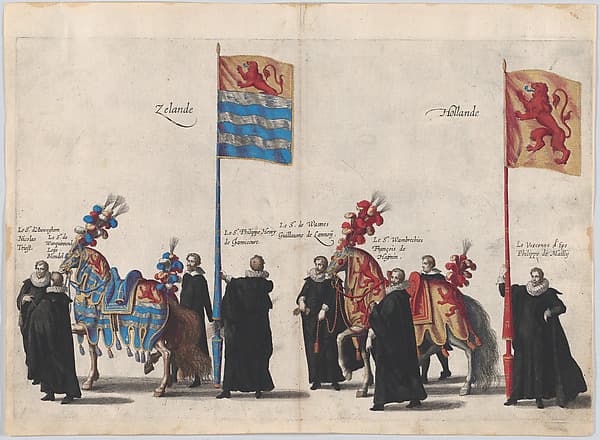 Plate 37: Men with heraldic flags and horses from Zeeland and Holland marching in the funeral procession of Archduke Albert of Austria; from 'Pompa Funebris ... Alberti Pii', by Cornelis Galle I
