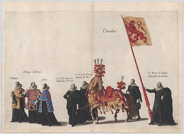 Plate 35: Men with heraldic flags and horses from Charolois marching in the funeral procession of Archduke Albert of Austria; from 'Pompa Funebris ... Alberti Pii', by Cornelis Galle I