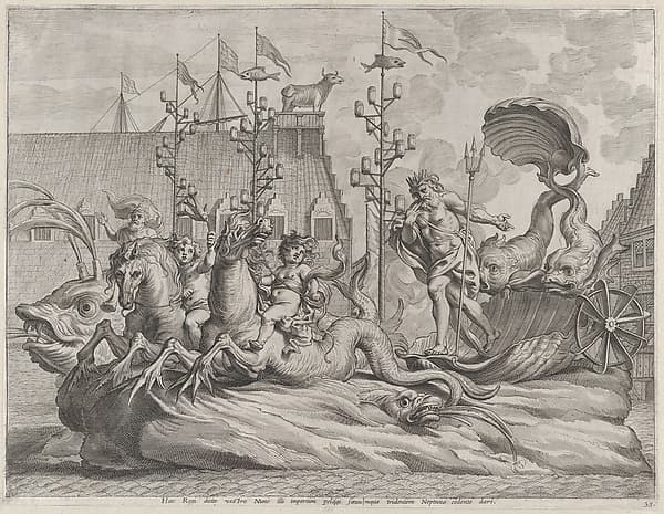 Plate 35: Philip of Spain as Neptune, riding in a chariot drawn by two sea horses; from Guillielmus Becanus's 'Serenissimi Principis Ferdinandi, Hispaniarum Infantis...', by Pieter de Jode II