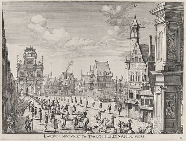 Plate 18: Procession of the Spanish Prince Ferdinand into the city of Ghent, January 28, 1635; from Guillielmus Becanus's 'Serenissimi Principis Ferdinandi, Hispaniarum Infantis...', by Johannes Meursius