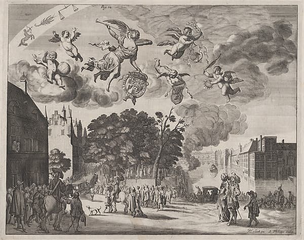 Charles II entering The Hague in a carriage with the Mauritshuis on the right, from "Verhael van de Reys van Carel II, Coning van Groot-Brittannië, in Hollandt van 25 Mey tot 2 Junij 1660", by Pieter Philippe