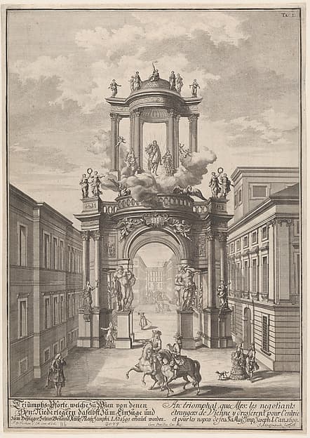 Triumphal arch erected by the foreign merchants of Vienna for the marriage of Joseph I in 1699; from 'Entwurff einer historischen Architectur ...', by Johann Adam Delsenbach