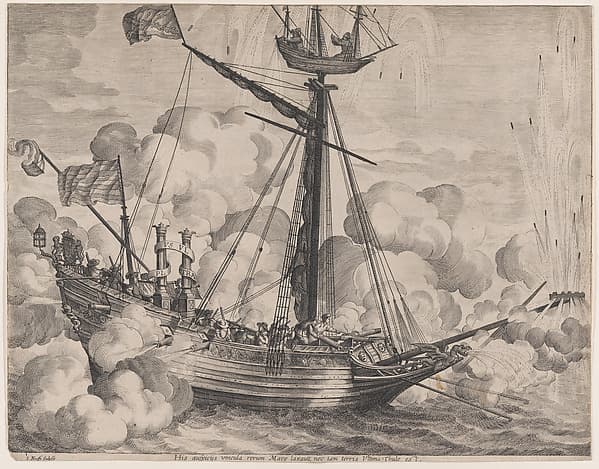 Plate 37: Triumphal ship with fireworks display to the right; from Guillielmus Becanus's 'Serenissimi Principis Ferdinandi, Hispaniarum Infantis...', by Jacob Neeffs