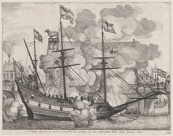 Plate 38: Triumphal ship with the city of Ghent in the background; from Guillielmus Becanus's 'Serenissimi Principis Ferdinandi, Hispaniarum Infantis...', by Johannes Meursius