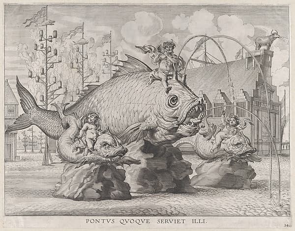 Plate 34: King Ferdinand as Neptune, seated on a whale at center, with putti atop two small fish on either side; from Guillielmus Becanus's 'Serenissimi Principis Ferdinandi, Hispaniarum Infantis...', by Jacob Neeffs