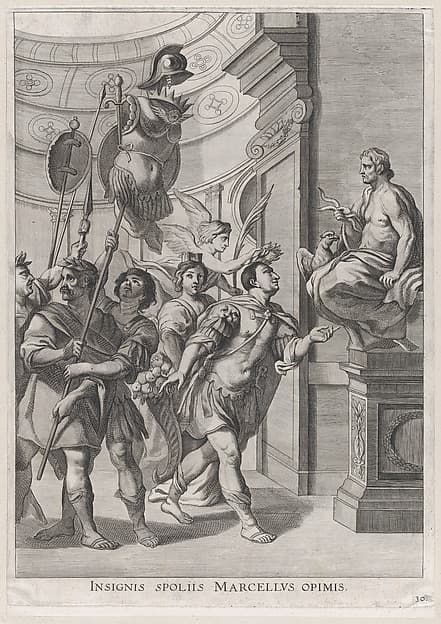 Plate 30: Marcellus dedicating the spoils of war to Jupiter; from Guillielmus Becanus's 'Serenissimi Principis Ferdinandi, Hispaniarum Infantis...', by Johannes Meursius