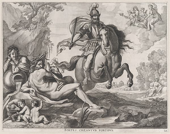 Plate 28: Mars on horseback at center, and Romulus and Remus with the wolf at lower left; from Guillielmus Becanus's 'Serenissimi Principis Ferdinandi, Hispaniarum Infantis...', by Jacob Neeffs