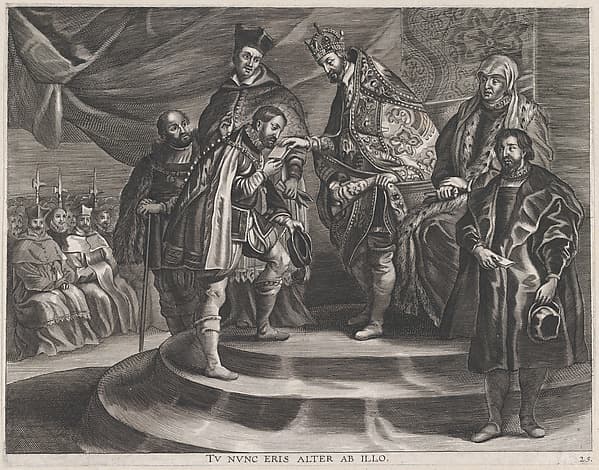 Plate 25: Philip crowned King of Spain by his father, Charles V; from Guillielmus Becanus's 'Serenissimi Principis Ferdinandi, Hispaniarum Infantis...', by Anton van der Does