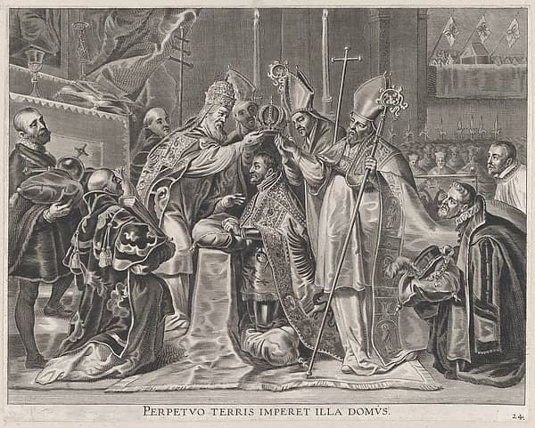 Plate 24: Charles V crowned Emperor by the Pope; from Guillielmus Becanus's 'Serenissimi Principis Ferdinandi, Hispaniarum Infantis...', by Pieter de Jode II