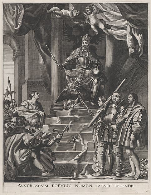 Plate 21: Emperor Charles V being offered the keys of Saxony and Hesse; from Guillielmus Becanus's 'Serenissimi Principis Ferdinandi, Hispaniarum Infantis...', by Anton van der Does
