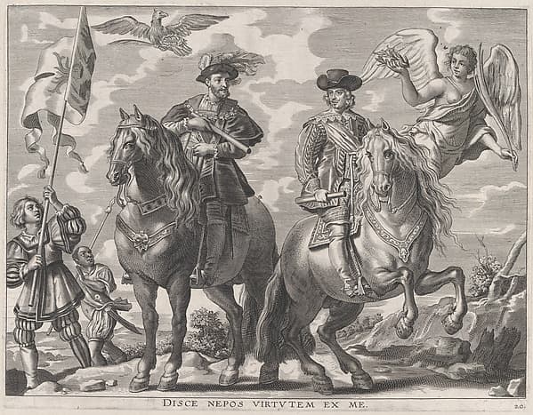 Plate 20: Charles V and Ferdinand on Horseback; from Guillielmus Becanus's 'Serenissimi Principis Ferdinandi, Hispaniarum Infantis...', by Pieter de Jode II