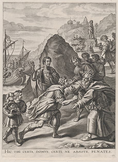 Plate 17: Aeneas welcomed by King Euandrus in Italy; from Guillielmus Becanus's 'Serenissimi Principis Ferdinandi, Hispaniarum Infantis...', by Cornelis Galle I
