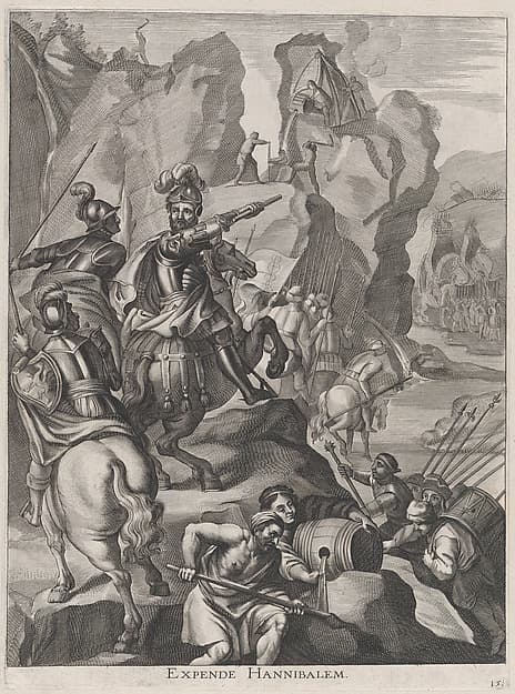 Plate 15: Ferdinand as Hannibal crossing the Alps; from Guillielmus Becanus's 'Serenissimi Principis Ferdinandi, Hispaniarum Infantis...', by Johannes Meursius