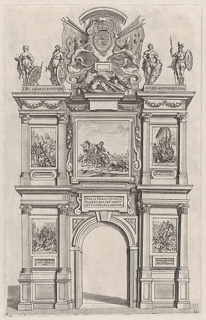 Plate 12: Triumphal arch, elevation of the back facade, surmounted with the arms of Ferdinand and decorated with five mythical or heroic scenes; from Guillielmus Becanus's 'Serenissimi Principis Ferdinandi, Hispaniarum Infantis...', by Johannes Meursius