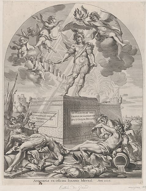 Plate 1: Ferdinand as Mars, standing on a pedestal; from Guillielmus Becanus's 'Serenissimi Principis Ferdinandi, Hispaniarum Infantis...', by Pieter de Jode II