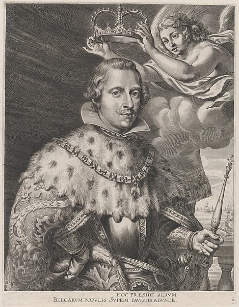 Plate 2: Portrait of Philip IV, King of Spain, being crowned; from Guillielmus Becanus's 'Serenissimi Principis Ferdinandi, Hispaniarum Infantis...', by Johannes Meursius