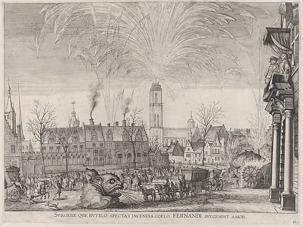 Plate 41: Fireworks display in city square with Ferdinand watching from a balcony at right; from Guillielmus Becanus's 'Serenissimi Principis Ferdinandi, Hispaniarum Infantis...', by Johannes Meursius