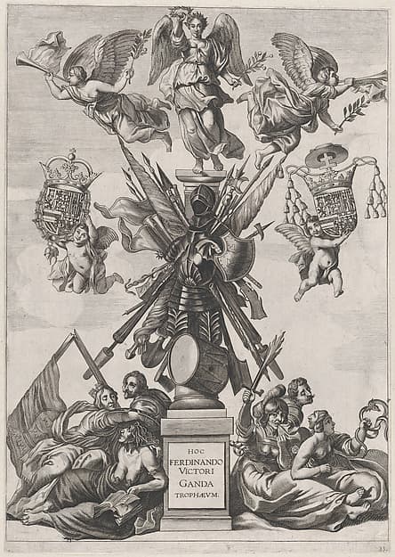 Plate 33: Armorial trophy on a Tuscan column, surrounded by allegorical figures and cherubs bearing the armorial shields of Ferdinand; from Guillielmus Becanus's 'Serenissimi Principis Ferdinandi, Hispaniarum Infantis...', by Johannes Meursius