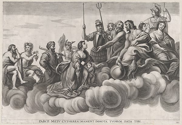 Plate 32: Venus asking Jupiter for protection; from Guillielmus Becanus's 'Serenissimi Principis Ferdinandi, Hispaniarum Infantis...', by Johannes Meursius
