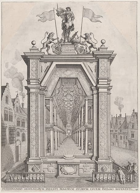 Plate 40: Design for festival architecture honoring the Spanish Prince Ferdinand's triumphal entry into the city of Ghent, January 28, 1635; from Guillielmus Becanus's 'Serenissimi Principis Ferdinandi, Hispaniarum Infantis...', by Johannes Meursius