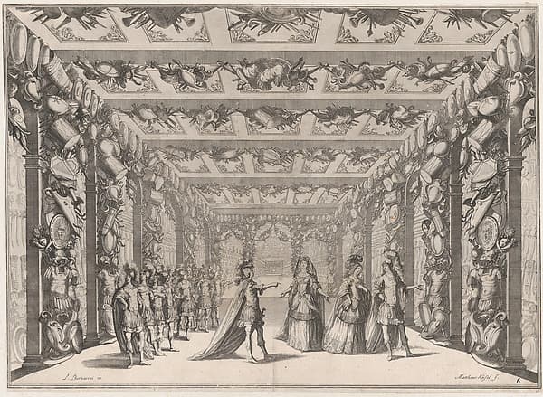 The Arsenal; two soldiers conversing with two women on the right as a group of soldiers look on from the left; set design from 'Il Fuoco Eterno', by Mathäus Küsel